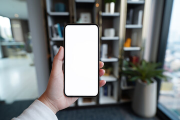 Close up of women's hands holding cell telephone blank copy space screen. smart phone with technology concept