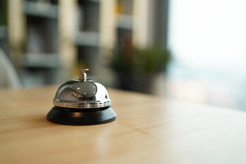 Hotel reception counter desk with service bell. front desk bell for call staff service.