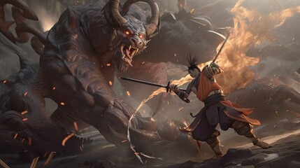 samurai battles demonic foes, digital art illustration, Generative AI