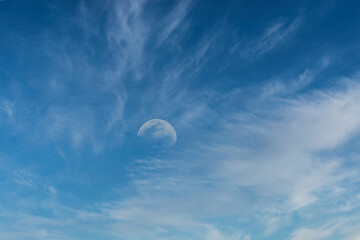 Naklejka na ściany i meble 青空を背景に、うっすらと見える昼間の月