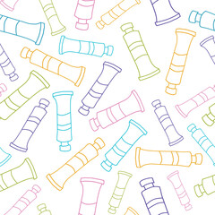 Vector repeat seamless pattern in a fun, colorful design. Scattered colorful line art of tubes of paint on a white background make up this pattern.