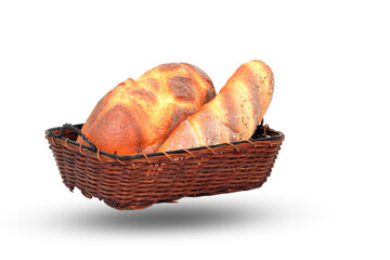 Two slices of fresh bread in a basket on a white background