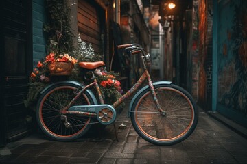 Fototapeta na wymiar Blue bike w/ flower basket, in front of graffiti wall w/ screws. Generative AI