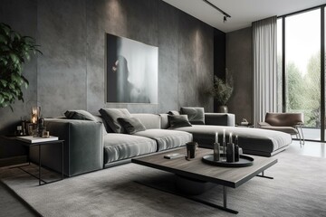 Sleek concrete modern living room with a minimalist design and comfortable sofa. Generative AI