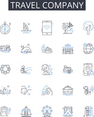 Travel company line icons collection. Adventure agency, Tour operator, Vacation planner, Journey experts, Excursion bureau, Trekking company, Roaming specialists vector and linear Generative AI