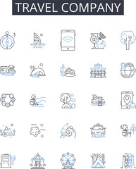Fototapeta premium Travel company line icons collection. Adventure agency, Tour operator, Vacation planner, Journey experts, Excursion bureau, Trekking company, Roaming specialists vector and linear Generative AI