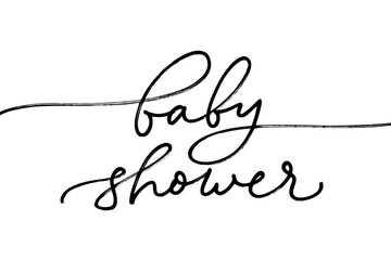 Baby shower calligraphy handwritten with a line. Vector ink illustration isolated on white background. Mono line lettering with swashes. Baby shower party phrase for banner, invitation, card. 