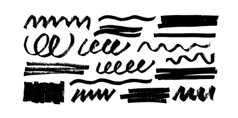 Collection text marker stripes. Black marker strokes and design elements. Abstract grunge vector lines, rectangles and curls. Hand drawn curved bold lines, various shapes isolated on white.