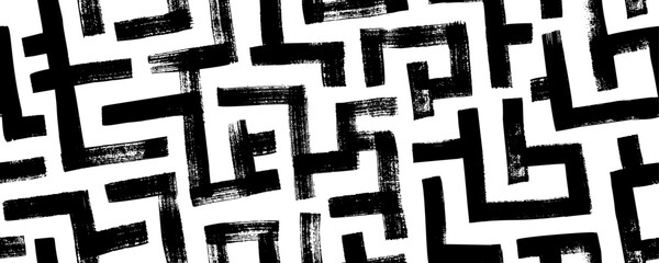 Geometric maze seamless pattern. Brush drawn black scribbles. Abstract maze geometric vector background. Irregular labyrinth pattern. Aztec or African textile print design.  - obrazy, fototapety, plakaty