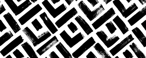 Seamless abstract geometric pattern with squares. Rhombuses with separate brush strokes. Brush drawn rectangles with bold rough lines. Geometric modern stylish grunge texture. Futuristic tech design.