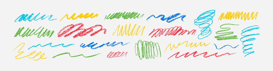 Fototapeta premium Scribble charcoal strokes vector set. Charcoal pencil curly lines and squiggles, swirls and spirals. Bright color pencil sketches, grunge style drawing. Scrawls texture. Childish crayon lines.