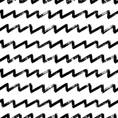 Seamless pattern with grunge zigzag lines. Brush drawn geometric lines. Abstract black on white zigzag ornament. Tribal ethnic vector texture. Aztec motif. Grunge horizontal geometric strokes.