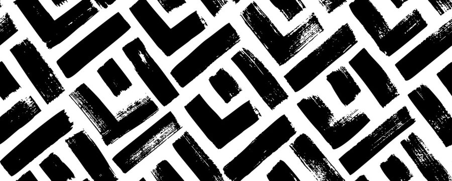 Seamless abstract geometric pattern with squares. Rhombuses with separate brush strokes. Brush drawn rectangles with bold rough lines. Geometric modern stylish grunge texture. Futuristic tech design.