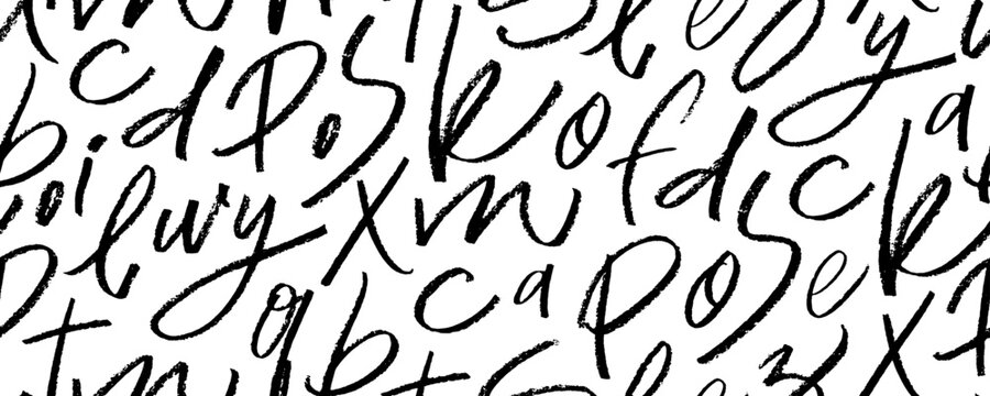 Scattered alphabet letters seamless pattern. Brush drawn cursive font background. Simple kids drawing style. Handwritten vector latin calligraphy. Grunge letters of the alphabet in random order.