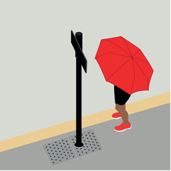 Vector hombre de pie esperando el bus con paraguas rojo visto en perspectiva