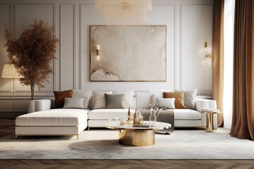 Sophisticated, gold-toned living room with plush white sofa. Generative AI