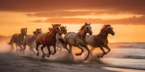 horses running on the beach at sunset generative ai