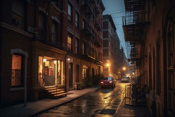 An evening view of Manhattan's narrow streets in New York City. Generative AI