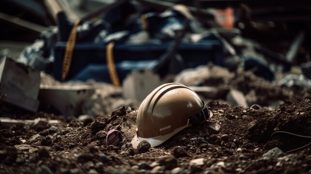 Hard hat in rubble at a construction site