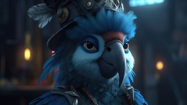 educated anthropomorphic blue bird, digital art illustration, Generative AI