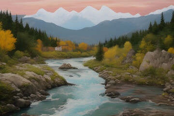 ai-generated illustration of a river and mountain landscape