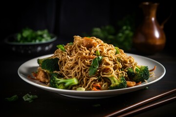 Stir-fried noodles with vegetables and protein. Generative AI