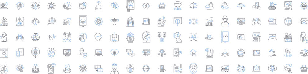 Fototapeta na wymiar Artificial technology line icons collection. Robotics, Automation, Machine learning, Virtual reality, Augmented reality, Neural nerks, Deep learning vector and linear illustration. Generative AI