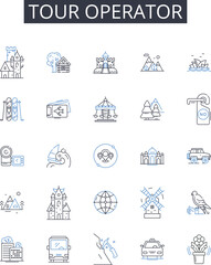 Fototapeta na wymiar Tour operator line icons collection. Travel agency, Vacation planner, Tour guide, Expedition leader, Adventure organizer, Road trip expert, Getaway guru vector and linear illustration. Generative AI