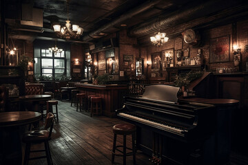 A bar with a piano, chairs, and old clocks, picture frames surround, retro English pub, Jazz bar, generative ai - obrazy, fototapety, plakaty