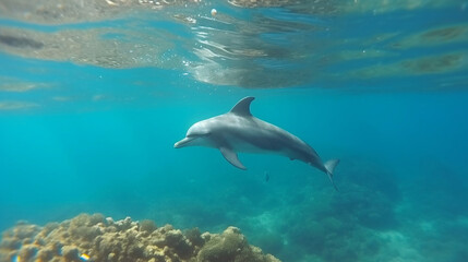 Dolphin swimming in the under sea , Beautiful Underwater and colorfull coral in wild nature of the Pacific Ocean