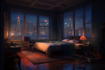 penthouse bedroom at night, dark gloomy with city sky view, A room with a view of the city from the bed, generative ai