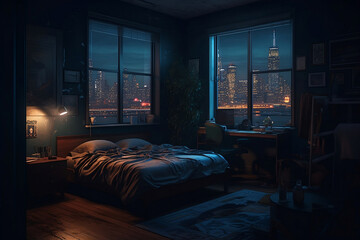 penthouse bedroom at night, dark gloomy with city sky view, A room with a view of the city from the bed, generative ai - obrazy, fototapety, plakaty