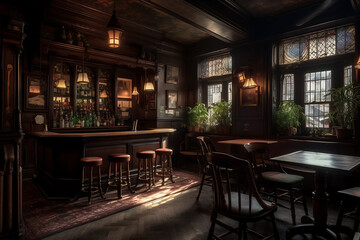 Fototapeta na wymiar illustration of irish pub, retro classic wooden bub, vintage European bar, A tavern with tables and chairs located in a small interior, generative ai