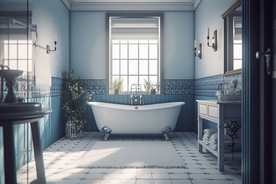A bathroom with blue and white decor and a white tub and sink. Generative AI