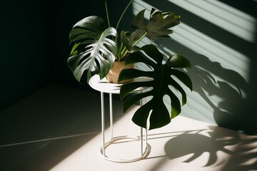 Obraz na płótnie Canvas White ceramic side table with tropical monstera plant and lush shadows. 3D render for nature, health, and beauty. Generative AI
