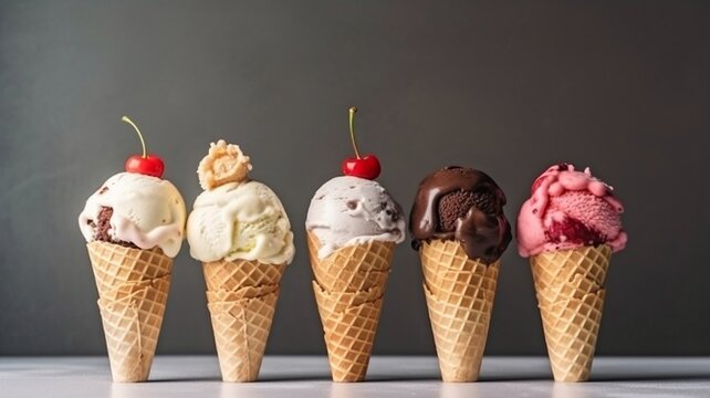 Various ice cream scoops in chocolate vanilla cones.The Generative AI