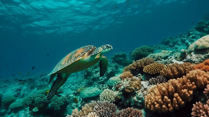Naklejka na ściany i meble Sea turtle swimming in the under sea , Beautiful Underwater and colorfull coral in wild nature of the Pacific Ocean 