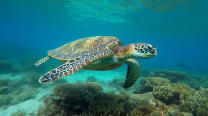 Naklejka premium Sea turtle swimming in the under sea , Beautiful Underwater and colorfull coral in wild nature of the Pacific Ocean 