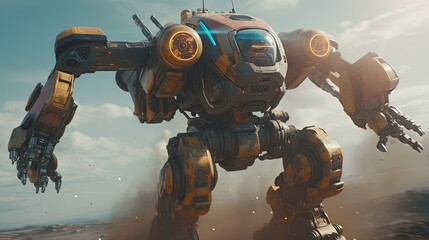 fighting robot on battle, digital art illustration, Generative AI