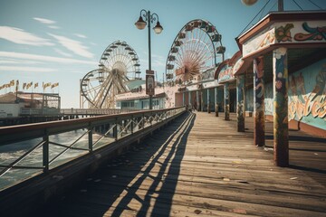 Iconic boardwalk and amusement park at the Pacific Ocean in California. Generative AI