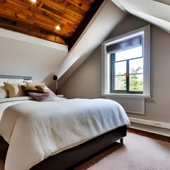 A cozy attic bedroom with sloping ceilings and a skylight4, Generative AI