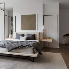 Fototapeta na wymiar A minimalist bedroom with white walls and a platform bed1, Generative AI
