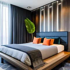 A modern guest room with a platform bed and geometric accents5, Generative AI