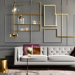 A vintage-inspired living room with a velvet sofa and brass accents5, Generative AI