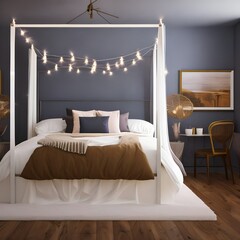 Fototapeta na wymiar A whimsical bedroom with a canopy bed and fairy lights2, Generative AI