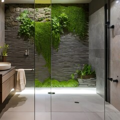 A nature-inspired bathroom with stone accents and a rain shower5, Generative AI