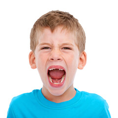 Anger, shouting and portrait of boy on png for attention, yelling and announcement. News, voice and screaming with face of child isolated on transparent background for upset, loud and conversation