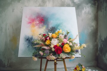 Elegant wedding backdrop with colorful bouquet, whiteboard on easel, pastel wall background in sunlight. Generative AI