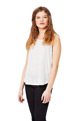 Fototapeta premium Beauty, fashion and portrait of female teenager on png background for stylish gen z and trendy style. Confident, young and cool girl model isolated on transparent for casual clothes and clothing