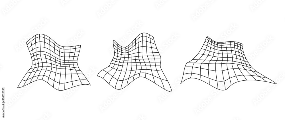 Fototapete Distorted perspective grid set. Glitch rectangle plane pack. Wavy futuristic elements bundle. Ripple wireframes. Vector abstract background collection. 